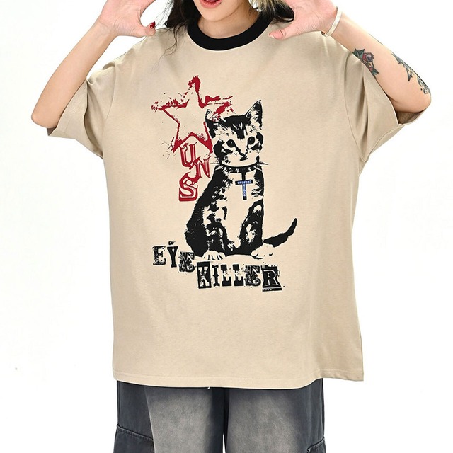 グランジキャットグラフィックレタリングTシャツ 2col   R02393