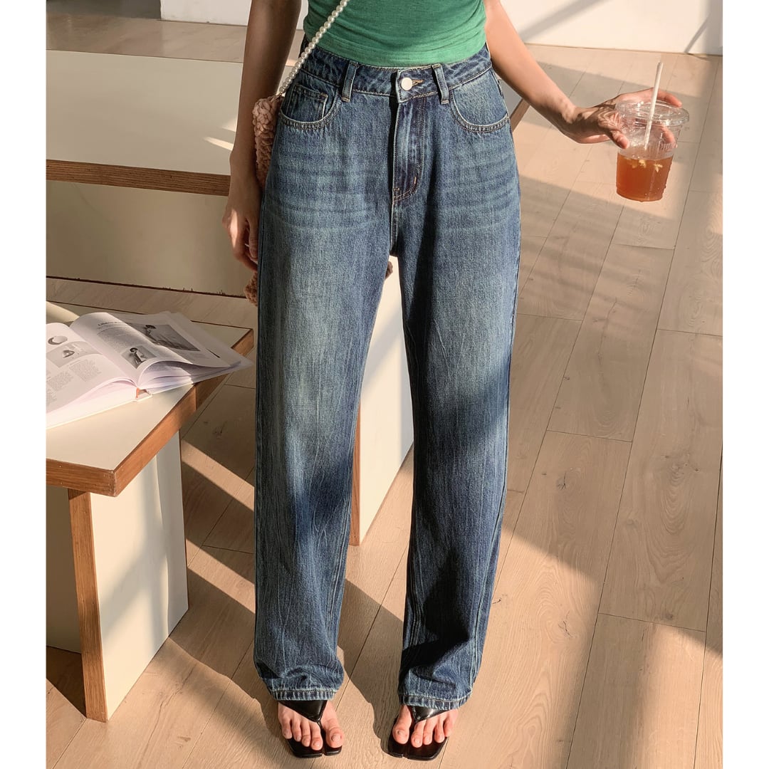 blue high waist straight jeans