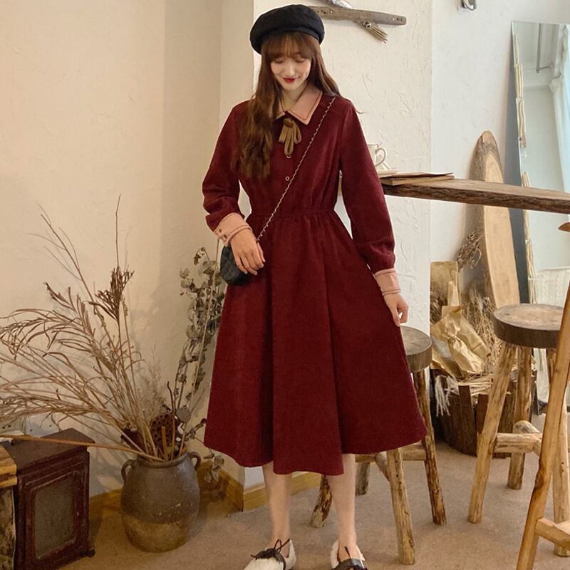 オータムレッドスタンダードスカート ウィンタードレス スリムスプリング レトロ 春物 秋物 冬物 試着室51126885766