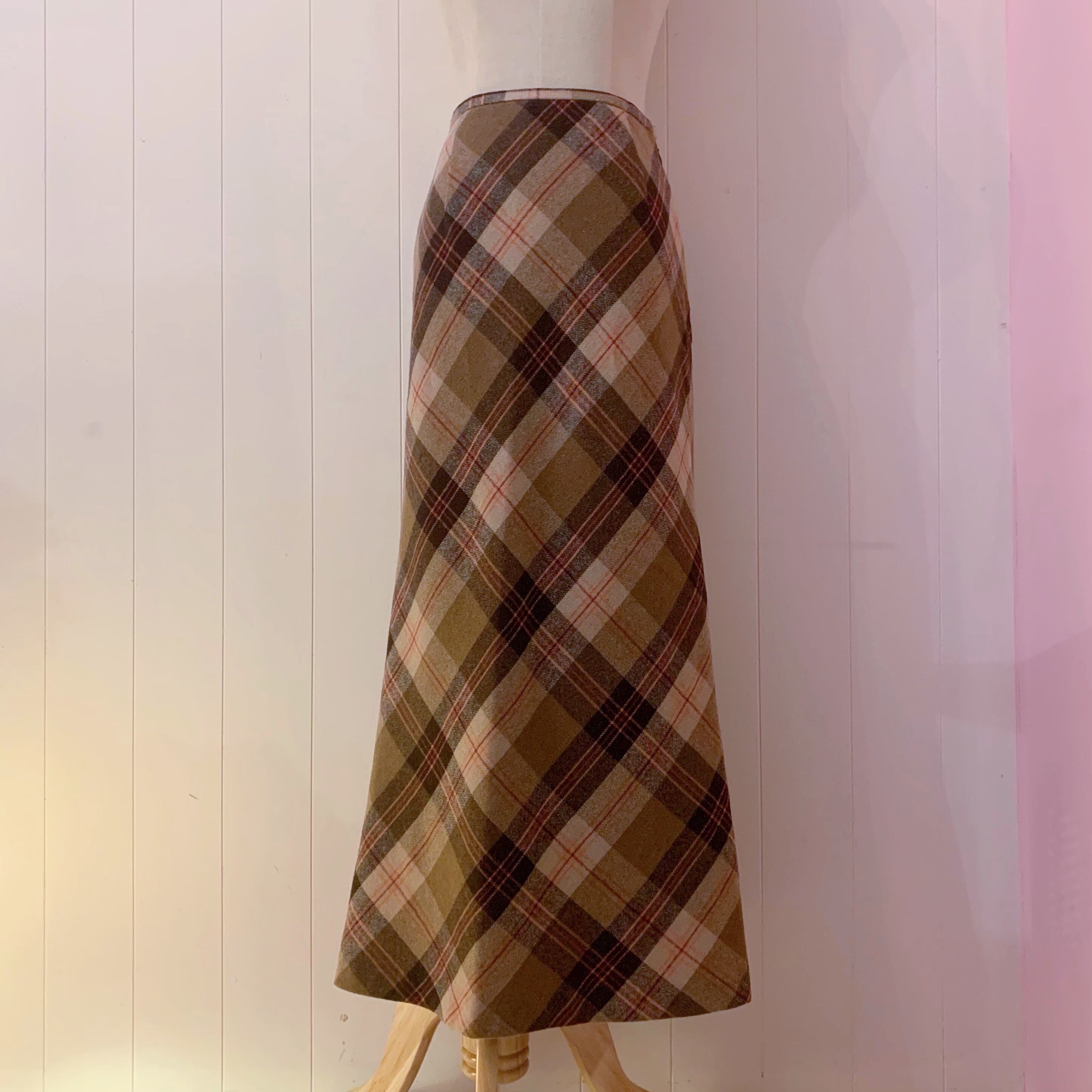 orange check wool long skirt