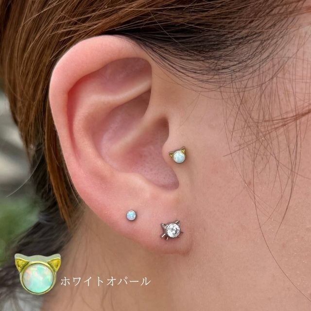 トラガスピアス 18G 16G 14G ゴールド 猫 CAT 全2色オパール インター