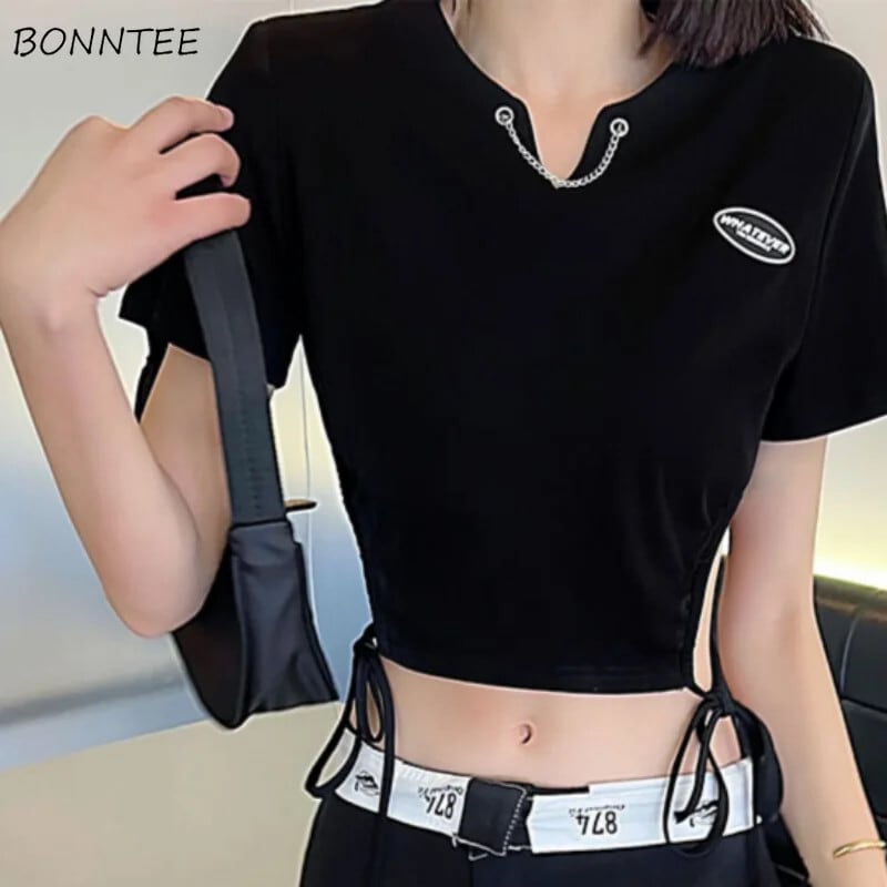 【新作】【送料無料】 Tシャツ女性レースアップセクシーなレタークロップトップス夏デイリーオールマッチスリムフィットカジュアル Y2k 服アメリカンスタイルファッションヤング 0227942635750