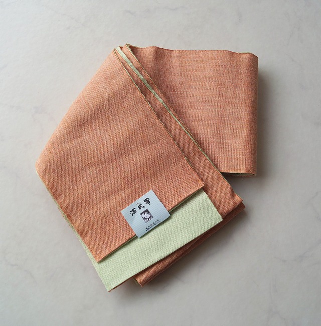 【半幅帯】深支子色×夏虫色　リバーシブル　麻半幅帯　No.240726①