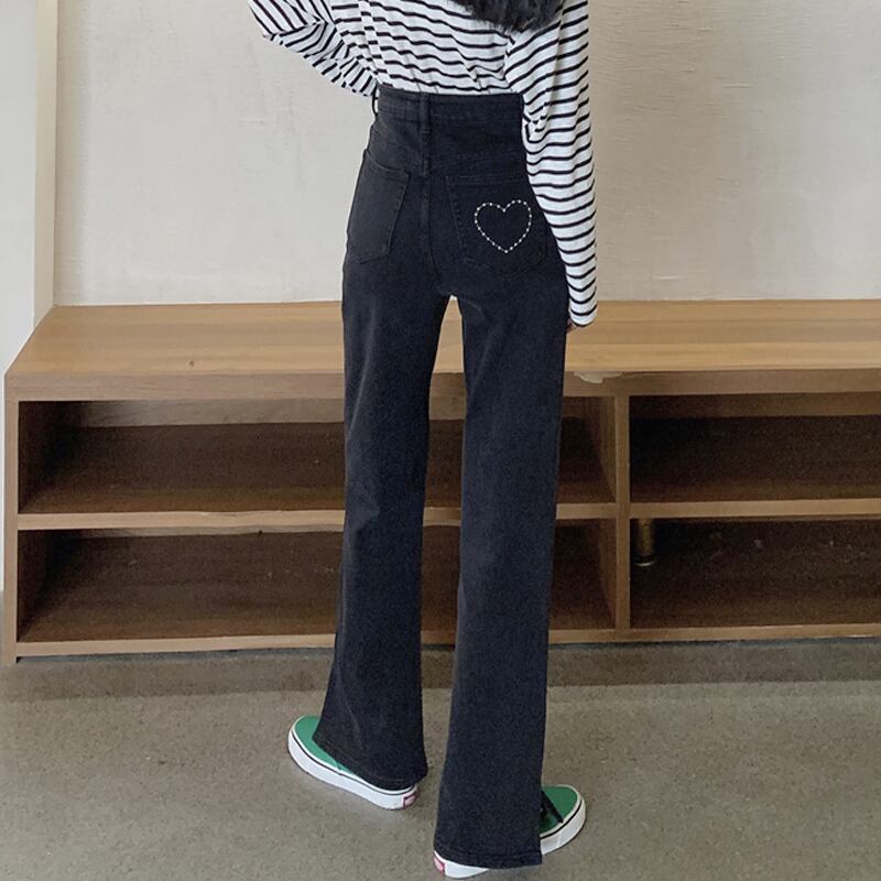 スプリングオータムブラックジーンズ ルーズウェスト薄手ワイドレッグパンツ 春物 秋物 ワイドパンツ スーパーモール50142691616