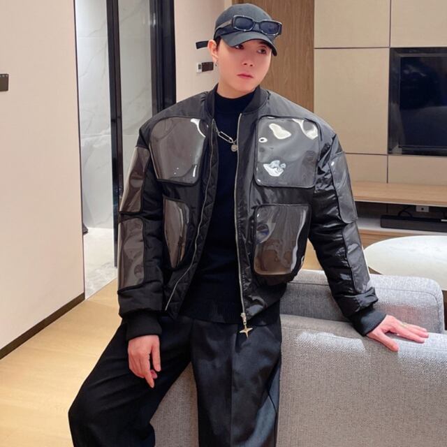 【予約販売】ブルゾン アウター ジップアップ MA-1 無地 クリア ブラウンブラック ジャケット ショート丈 メンズ カジュアル 男前 こなれ感 お洒落 韓国 トレンド 秋 冬 M/L/XL