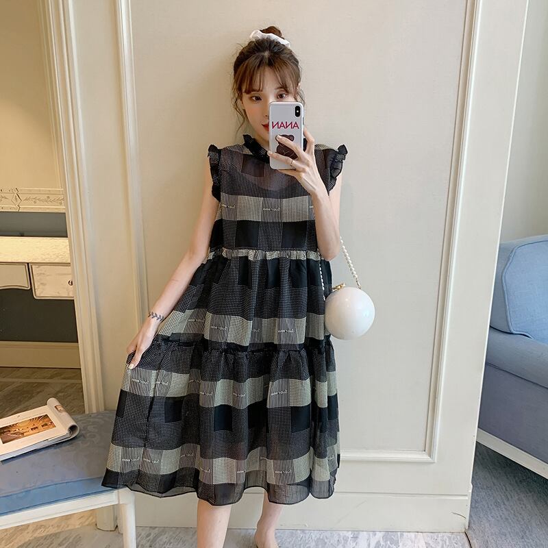 【新作】【送料無料】 マタニティウェア2020夏の新しいシフォンチェック柄ノースリーブドレス小さな新鮮なミドル丈ドレス妊婦-アリババ サマー 夏物 expec270747738843