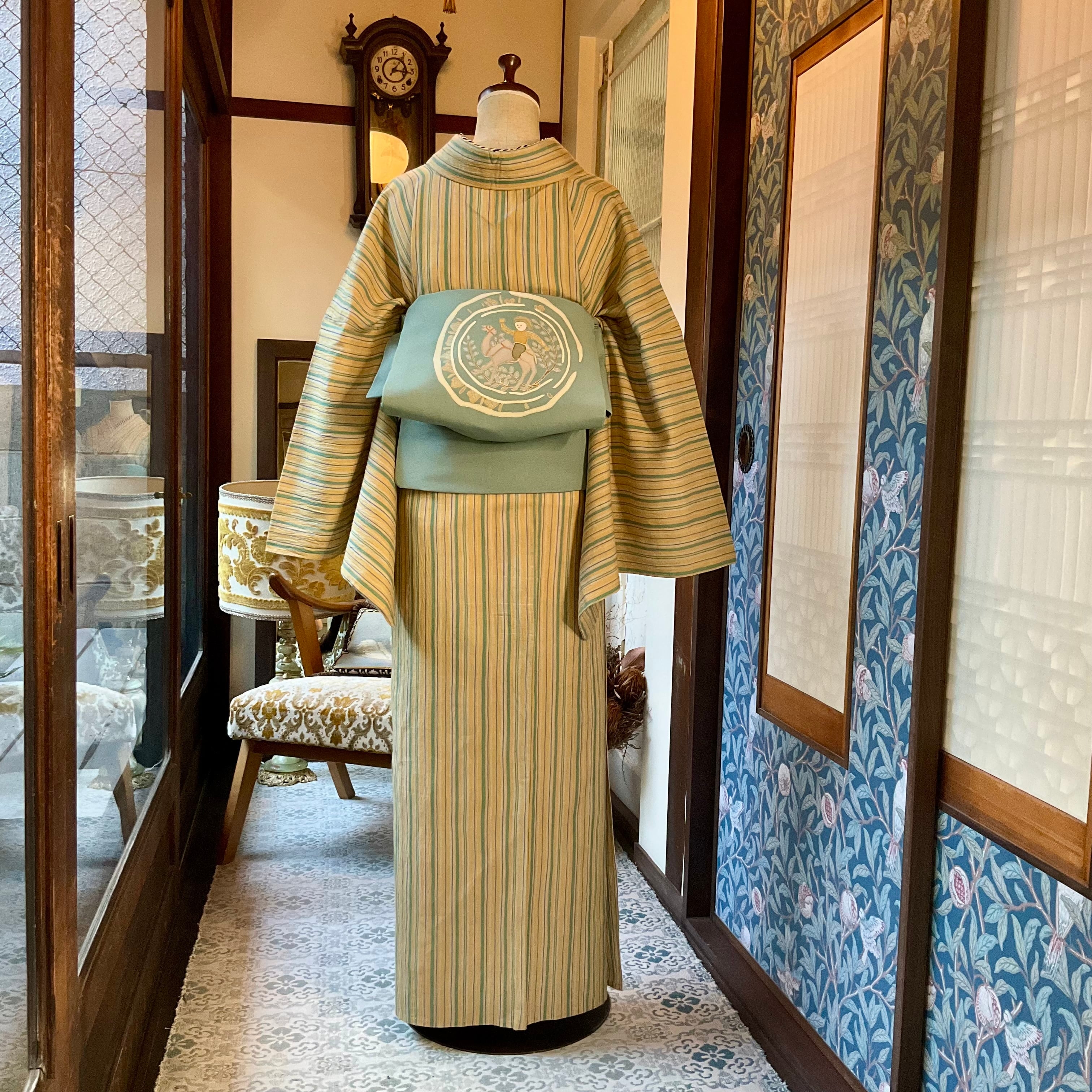 tall＊風のささやき＊単衣 ワイド 身幅広め 綿麻 洗えるきもの 縞