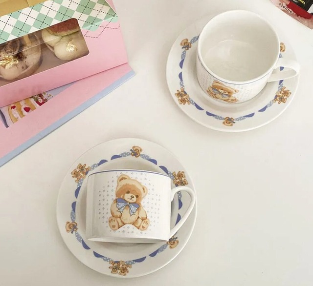 【お取り寄せ】★2点セット★ コーヒーカップ皿セット レトロ 韓国風 陶器 小さなクマ マグカップ