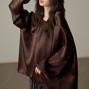 バルーンスリーブ光沢カラーブラウス H0076