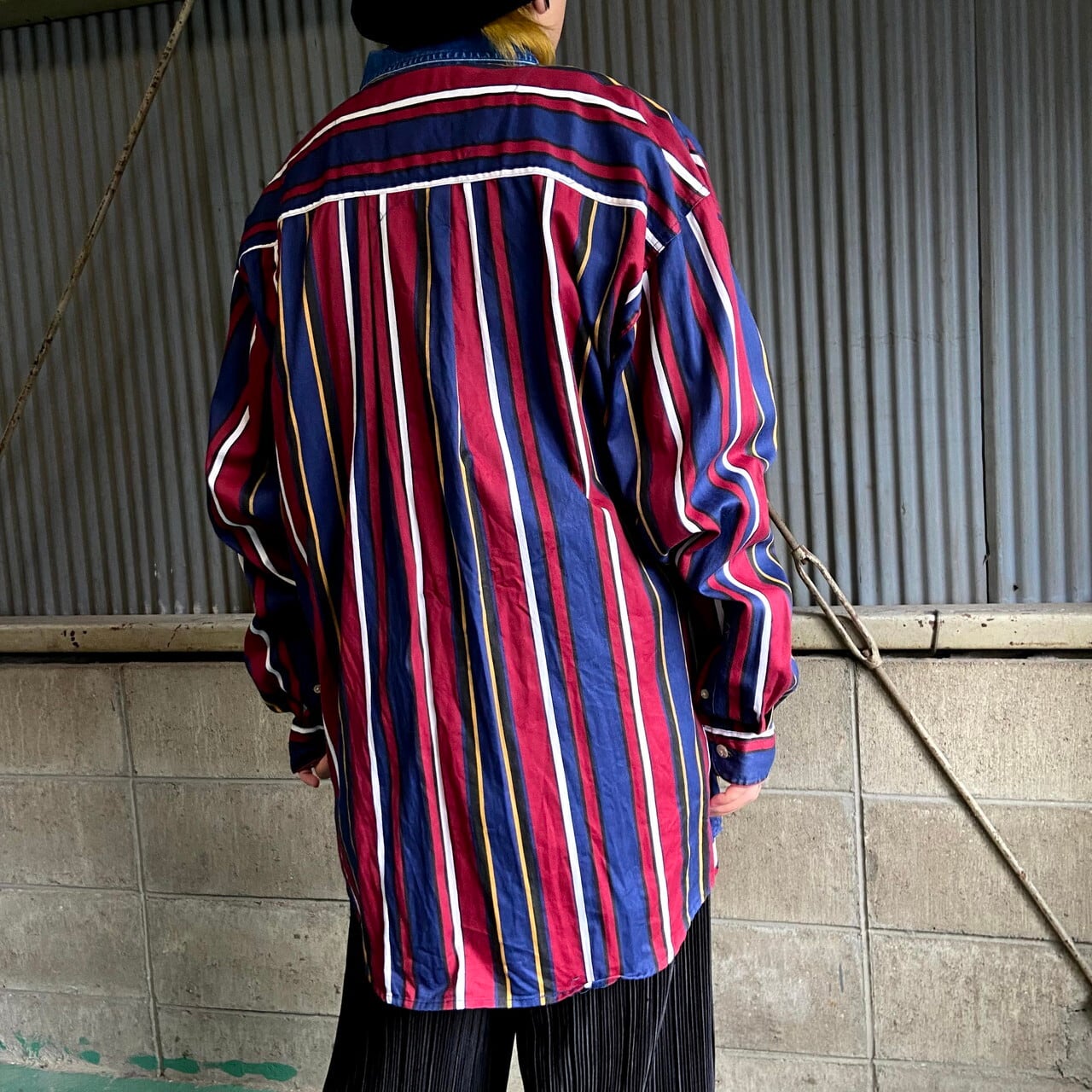 ビッグサイズ 90年代 HALIFAX 長袖 デニム切り替え マルチストライプ