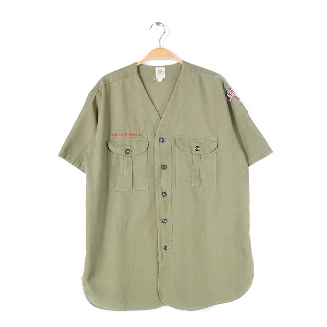 60s BSA ボーイスカウト ヴィンテージシャツ ノーカラー 襟無し マチ付 BOY SCOUT OF AMERICA ワッペン 半袖シャツ メンズM相当 古着 @CB1317