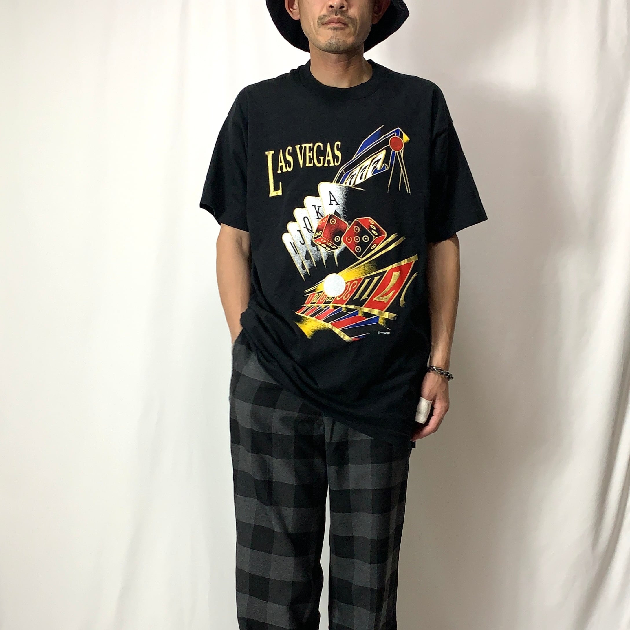 vintage 90s print T-shirt FRUIT OF THE LOOM MADE IN USA LAS VEGAS プリントTシャツ  フルーツオブザルーム アメリカ製 ラスベガス メンズ レディース ブラック 黒 size XL ビンテージ ヴィンテージ