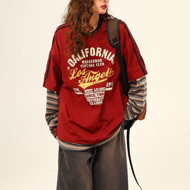 カレッジロゴヴィンテージフェイクレイヤードTシャツ 2col   R00728