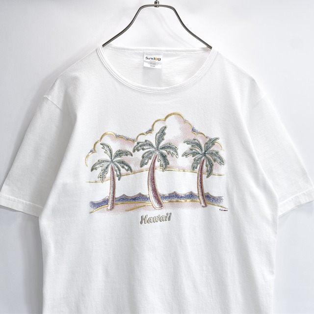 Sundog international Hawaii ヤシの木デザイン ドットプリント 半袖Tシャツ 南国リゾート クルーネック ホワイト USED ヴィンテージ ビンテージ 古着 メンズ Sサイズ