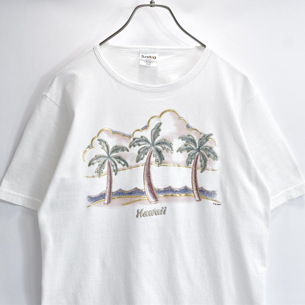 Sundog international Hawaii ヤシの木デザイン ドットプリント 半袖Tシャツ 南国リゾート クルーネック ホワイト USED ヴィンテージ ビンテージ 古着 メンズ Sサイズ