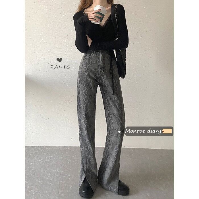 スタンダードスリットスネークプリント柄ジーンズ ハイウェストウェストパンツ スプリングルーズ レッド レトロ 春物 モンロー27900583808