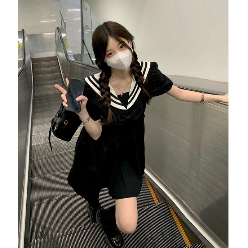 スタイルネイビーカラーウェストドレス サマーブラックスカート 大人ガーリー スウィート キュート カジュアル 夏物 萌量不足85369220520