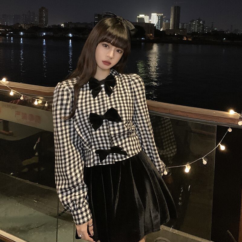 格子柄シャツ スタンダードスタイルスプリングトップス ロング リボン レトロ 春物 ブラックストロベリース66438824732