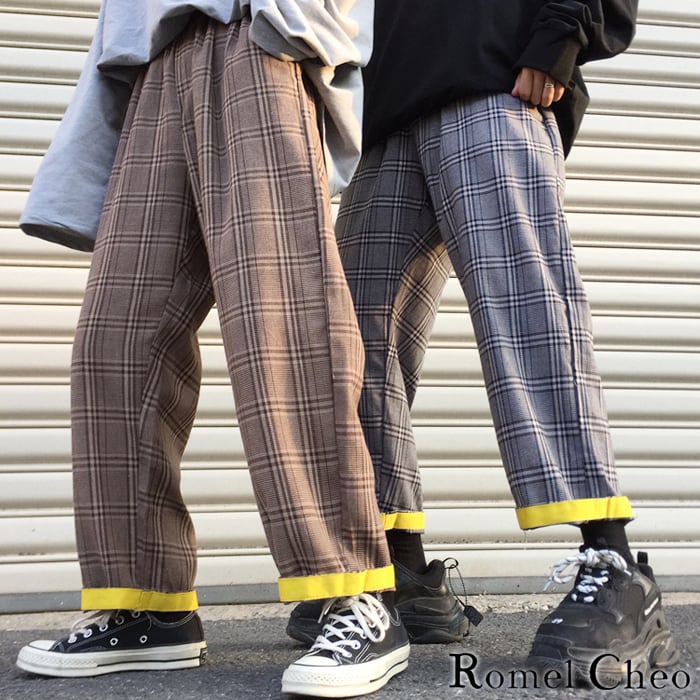 RomelCheo グレン チェック ワイド パンツ ロールアップ 2way メンズ レディース ユニセックス 格子柄 おしゃれ トラッド  ブリティッシュ カジュアル ファッション 韓国 きれいめ ストレート ガウチョ ゆったり 折返し レトロ ロメルチェオ