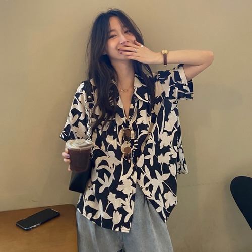 スタイルサマールーズブラウス スタンダードカジュアルシャツ Tシャツ レトロ 夏物 フラワーデザイン ケッペル88056937498