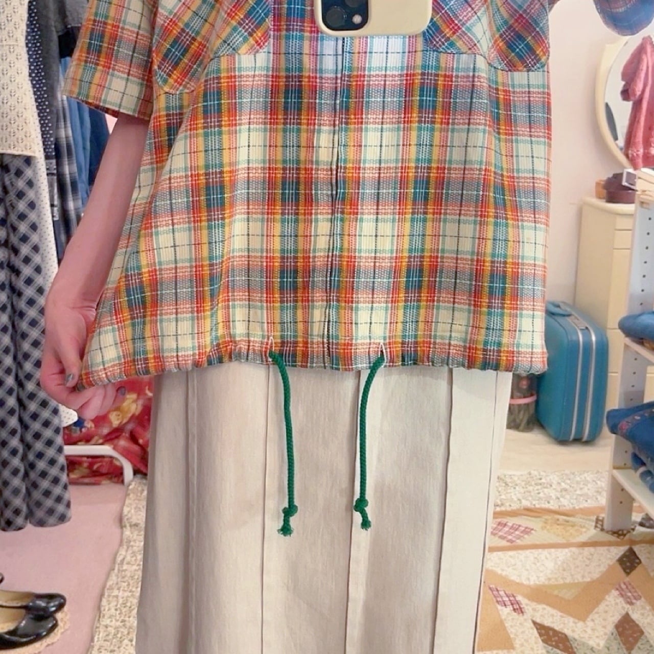 green madras check zip-up shirt