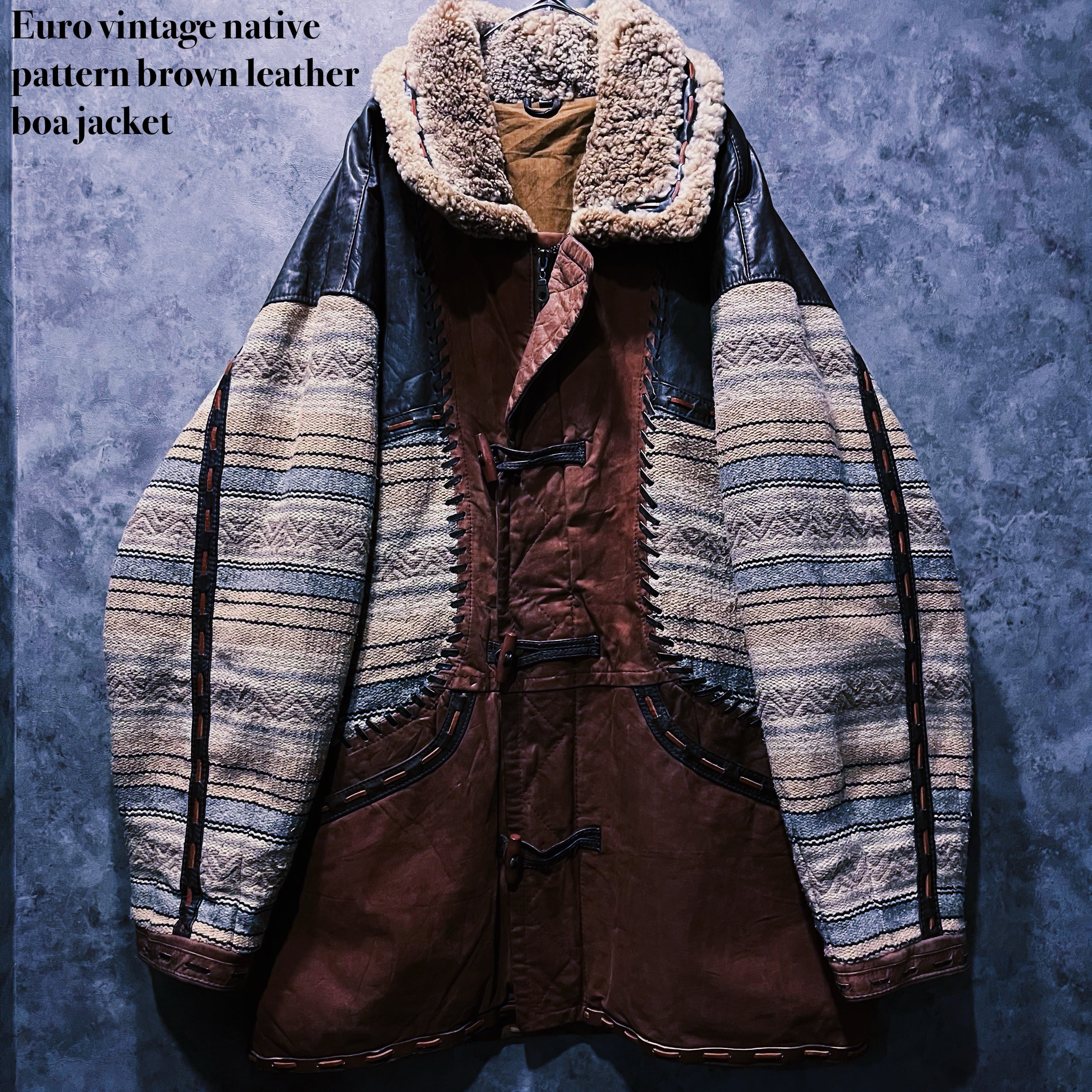 【doppio】Euro vintage native pattern brown leather boa jacket
