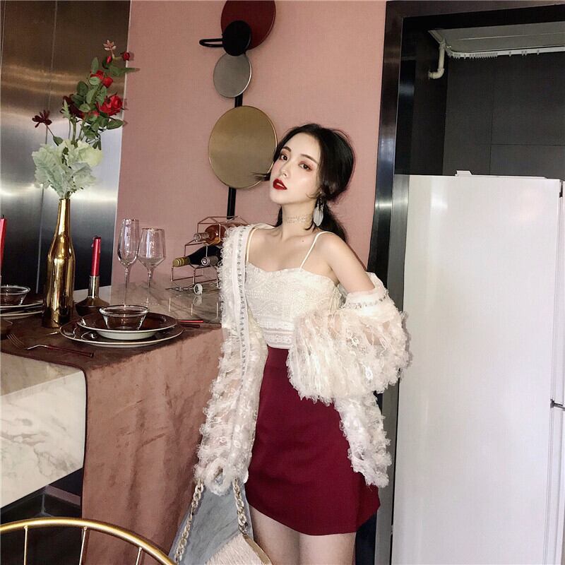 スリーピース2020年秋ニューネットレッドファッションスーツレディースホロージャケットキャミソールバッグヒップスカートスカート ドラファッションホール88546664863