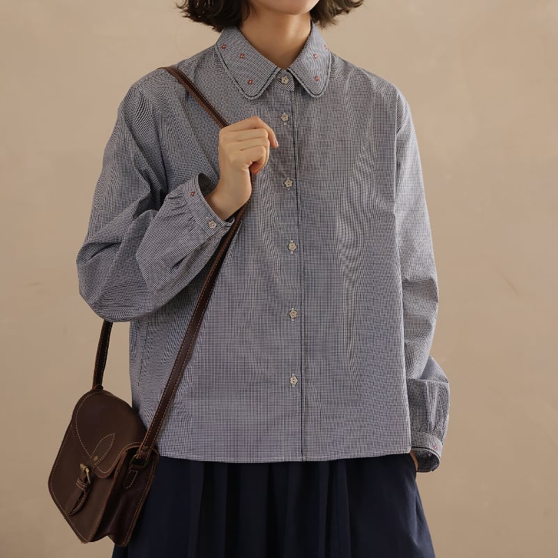 マイクロチェック花柄刺繍ブラウス M2611