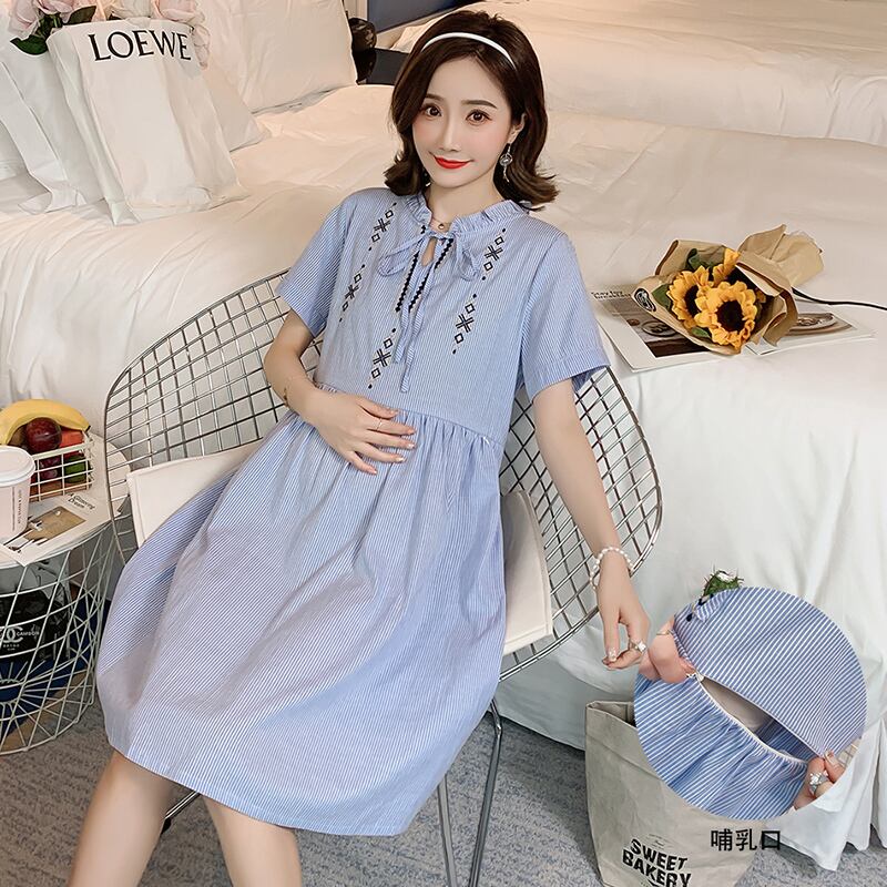 【新作】【送料無料】 夏の妊娠中の女性の授乳ドレス半袖Vネック花の刺繍綿の看護ドレスマタニティ母乳育児ドレス ショート コットン ハーフスリーブ サマー 夏物 花柄 AL expec314085364234