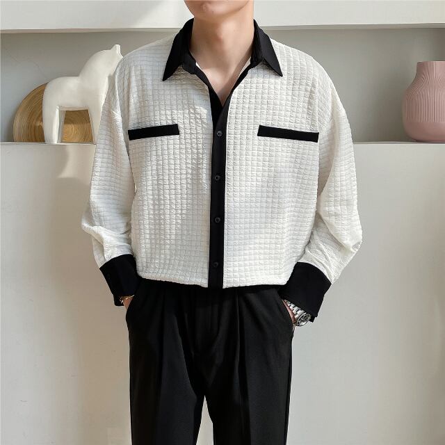 【予約販売】シャツ 長袖 無地 シンプル バイカラー ベーシック モノトーン メンズ ホワイト ブラック カジュアル シック こなれ感 お洒落 韓国 トレンド 春 秋 M/L/XL/2XL/3XL