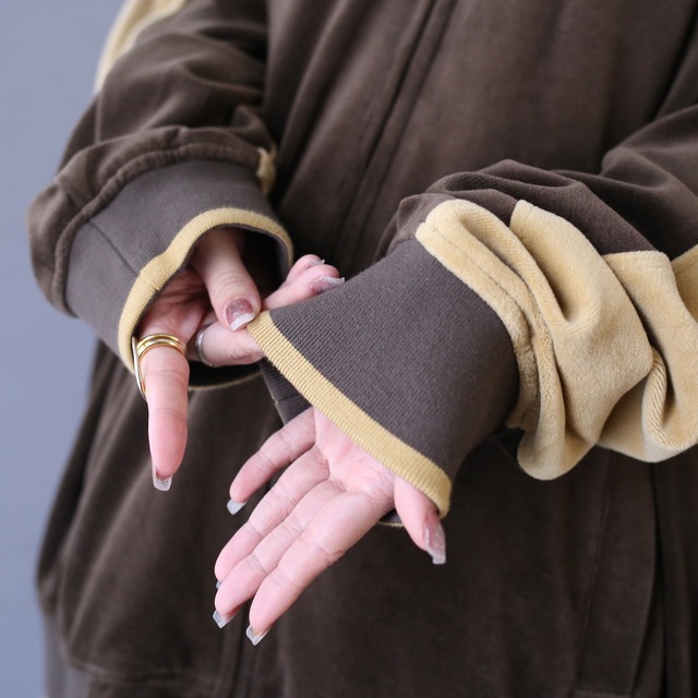 "brown×beige" good bi-color XXXL over silhouette velours jacket