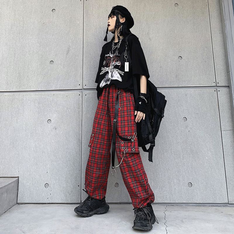 【原宿系 地雷系】レッドタータンチェック チェーン&Dカン装飾 ストリートカーゴパンツ
