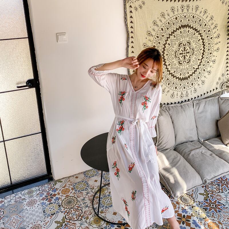 スカート エスニックスタイル刺繍ウェストレースホワイトドレス ロング ビーチ 延命家ファッション9439443