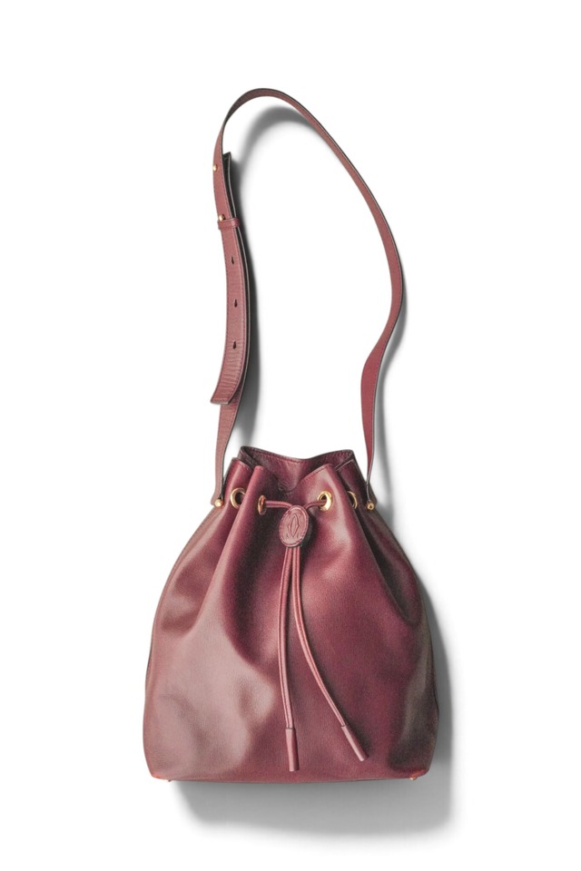 "Cartier" Bordeaux Leather Drawstring Shoulder Bag Made in FRANCE