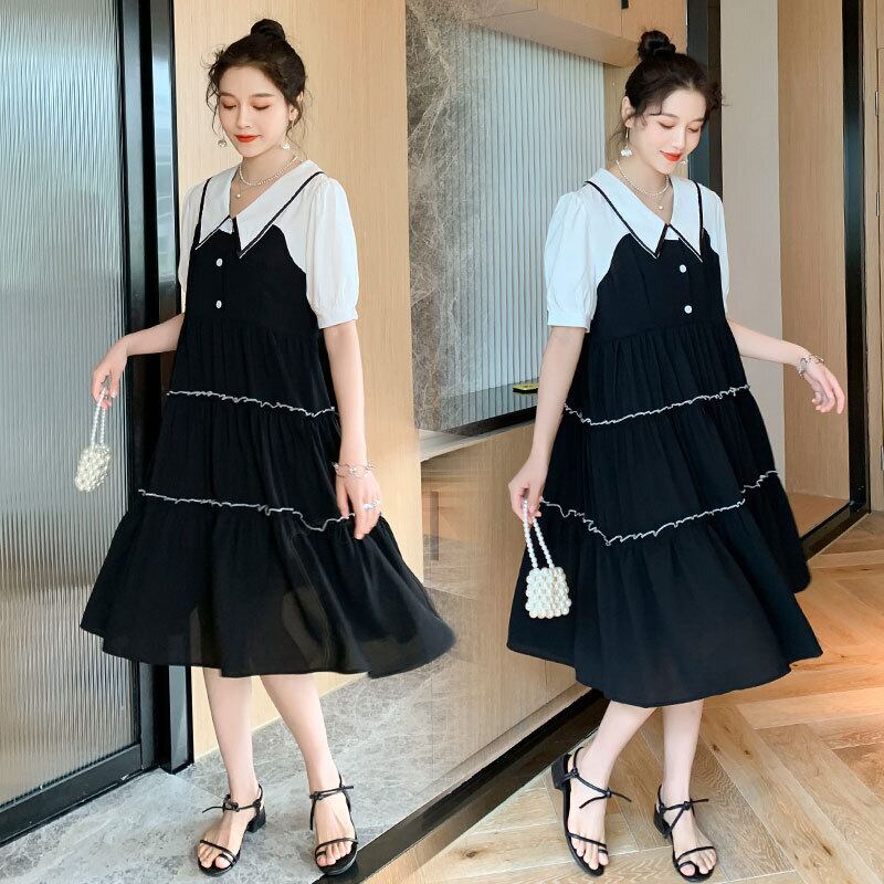 【新作】【送料無料】 マタニティウェア2020夏の新しいシフォンステッチ偽のツーピースドレスファッションラペルミドル丈マタニティドレス-アリババ サマー 夏物 expec281688250074