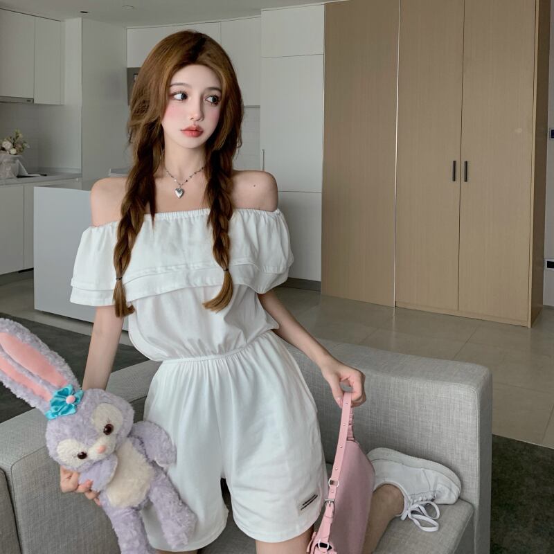 トップス ジャンプスーツ オールインワン ホワイトハイウェストウェストショーツ サマースタイル薄手パンツ 夏物 ブルマー ブラックストロベリース67267203378