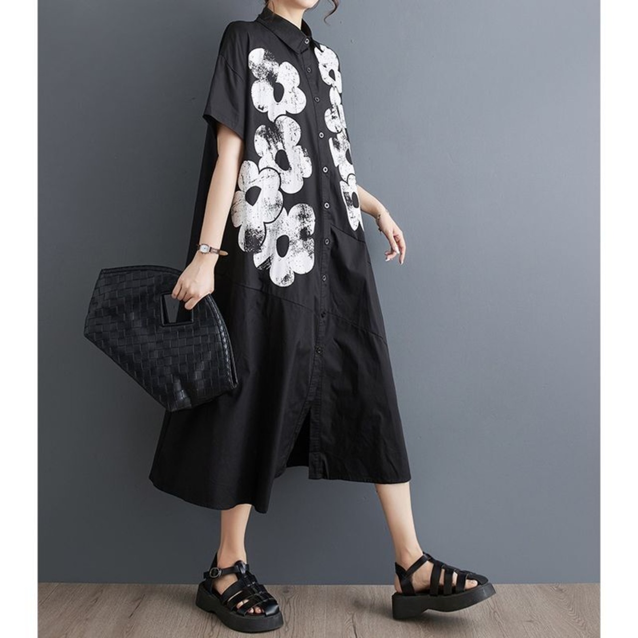 モノクローム フラワー シャツワンピース  30094