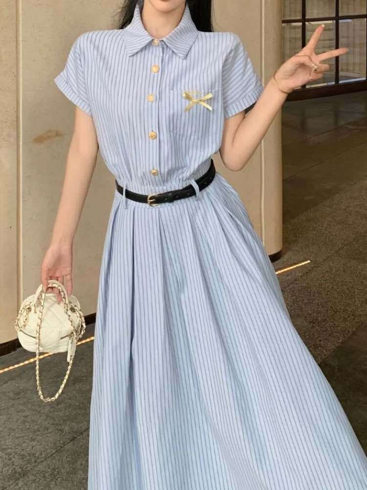 全方位ウケする清楚スタイル ワンポイントリボンシャツワンピース 半袖