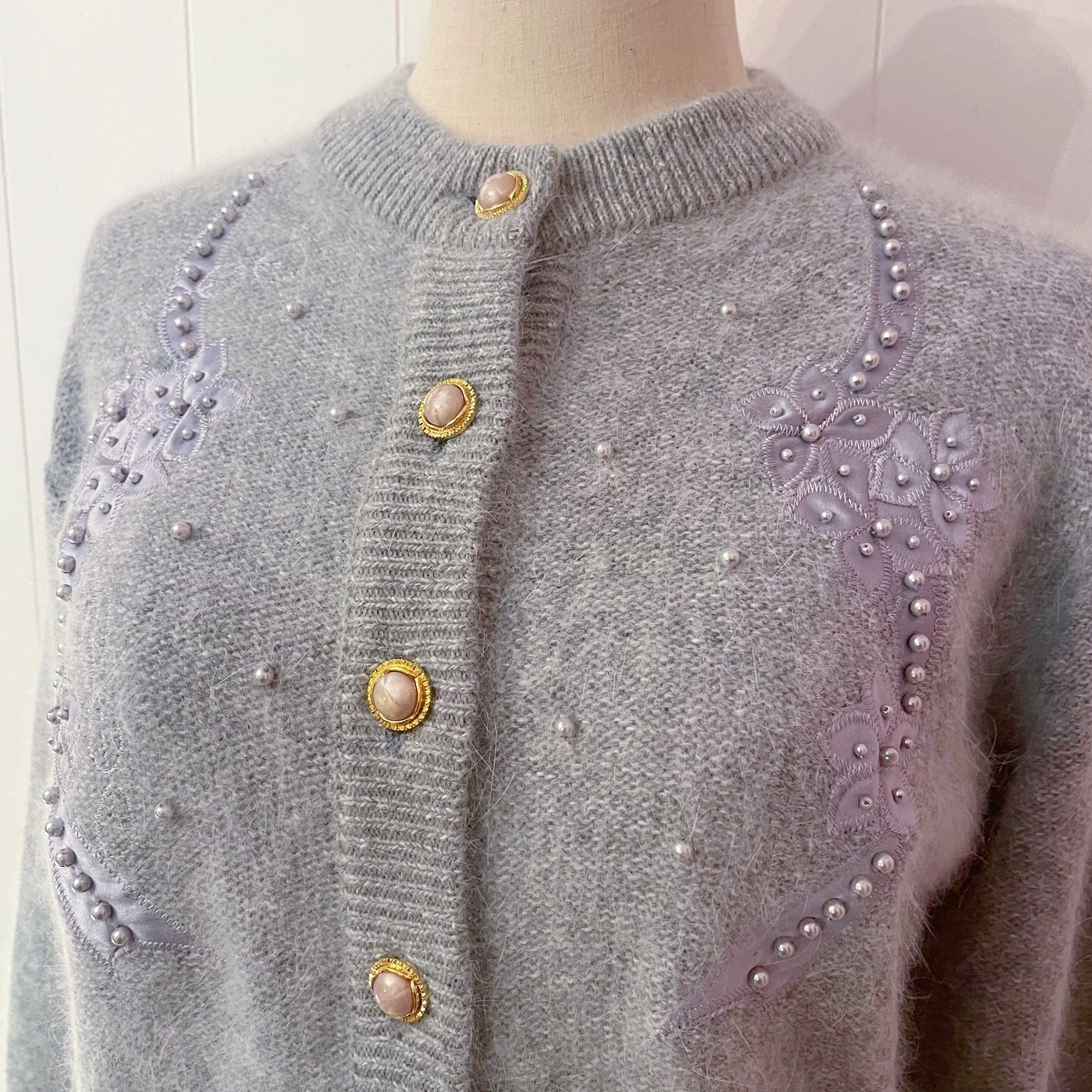 gray flower beads knit cardigan