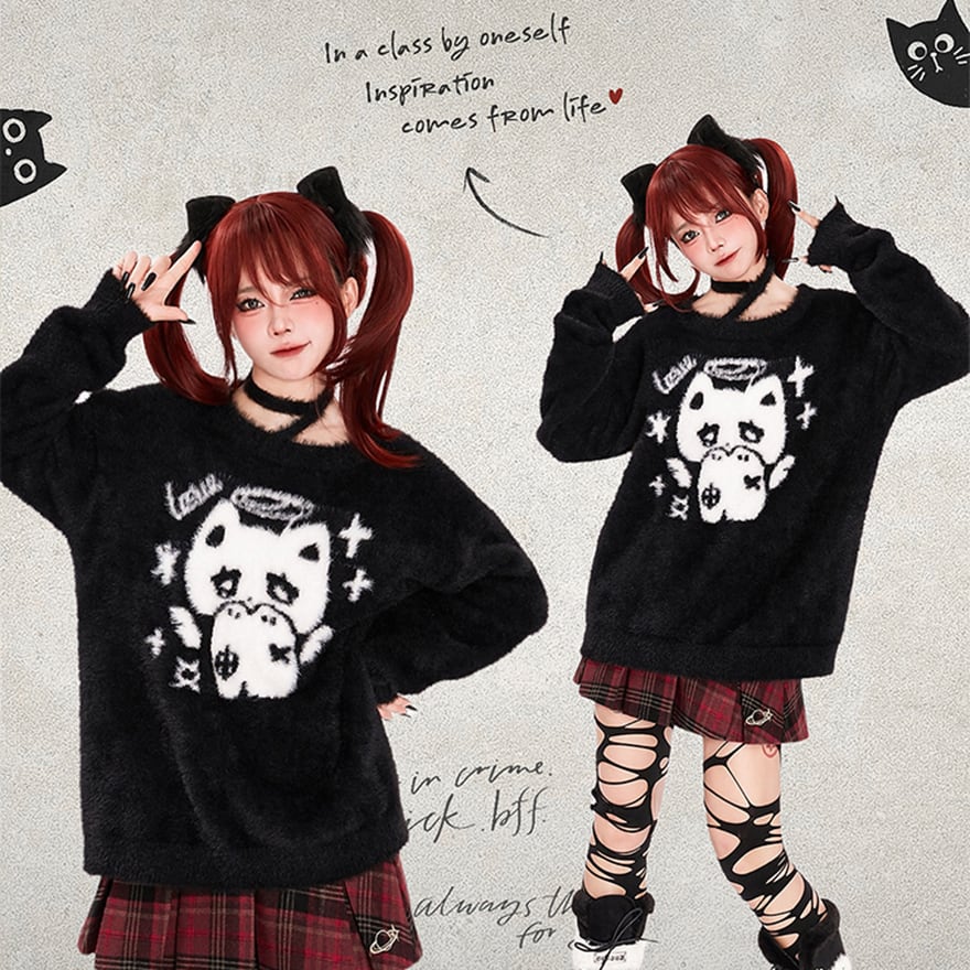 サブカル 服 地雷系 通販 長袖セーター ニット 子猫 ホルターネック 闇かわいい バンギャ