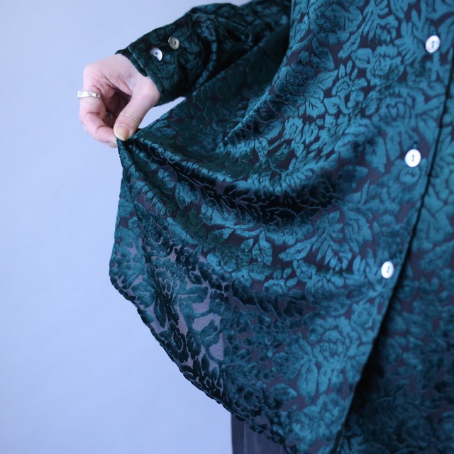 flower motif art pattern deep green see-through velours shirt