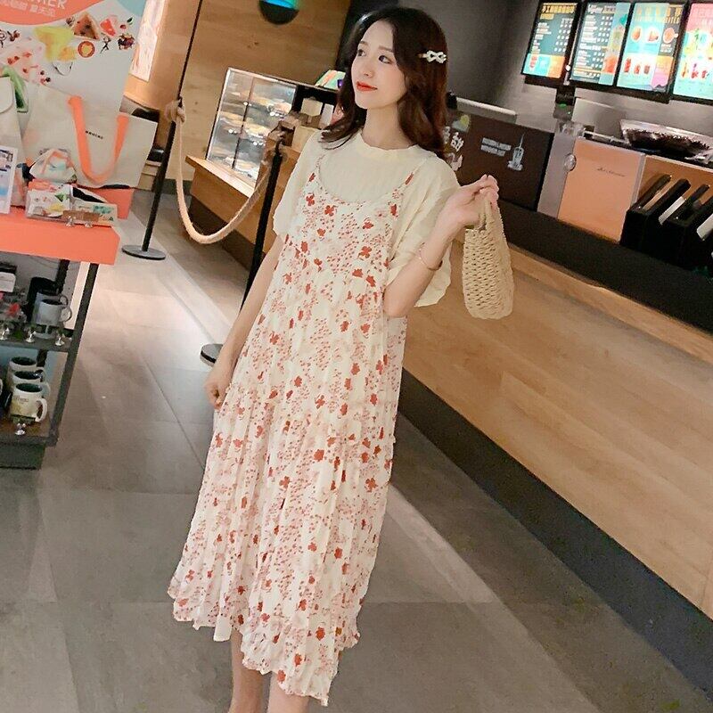 【新作】【送料無料】 マタニティ服サマーフローラルドレス2個マタニティプリーツマタニティドレスキャミソール付き 夏物 花柄 AL expec327777384569