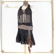 社交ダンス 衣装 ラテン ドレス ワンピース ヒョウ柄 レース 黒 茶色 しっぽ デモ 競技 ダンス パーティ 発表会 お洒落 羽 ファー ブラック系 ブラウン系 おしゃれ かわいい セクシー 軽やか ゴージャス ダンス衣装 フォーマル イベント 伸縮性