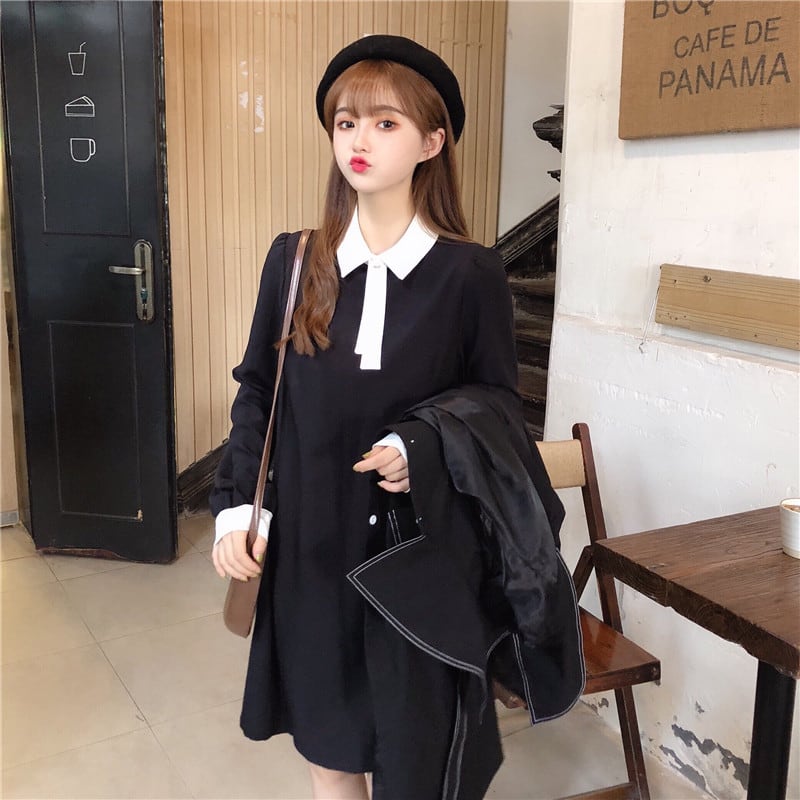 ワンピース ドレス レディースファション 折り襟 長袖 膝丈 重ね着風 着痩せ 激安 綺麗め プリンセス デート 普段着 可愛い ブラック 黒い Elegant