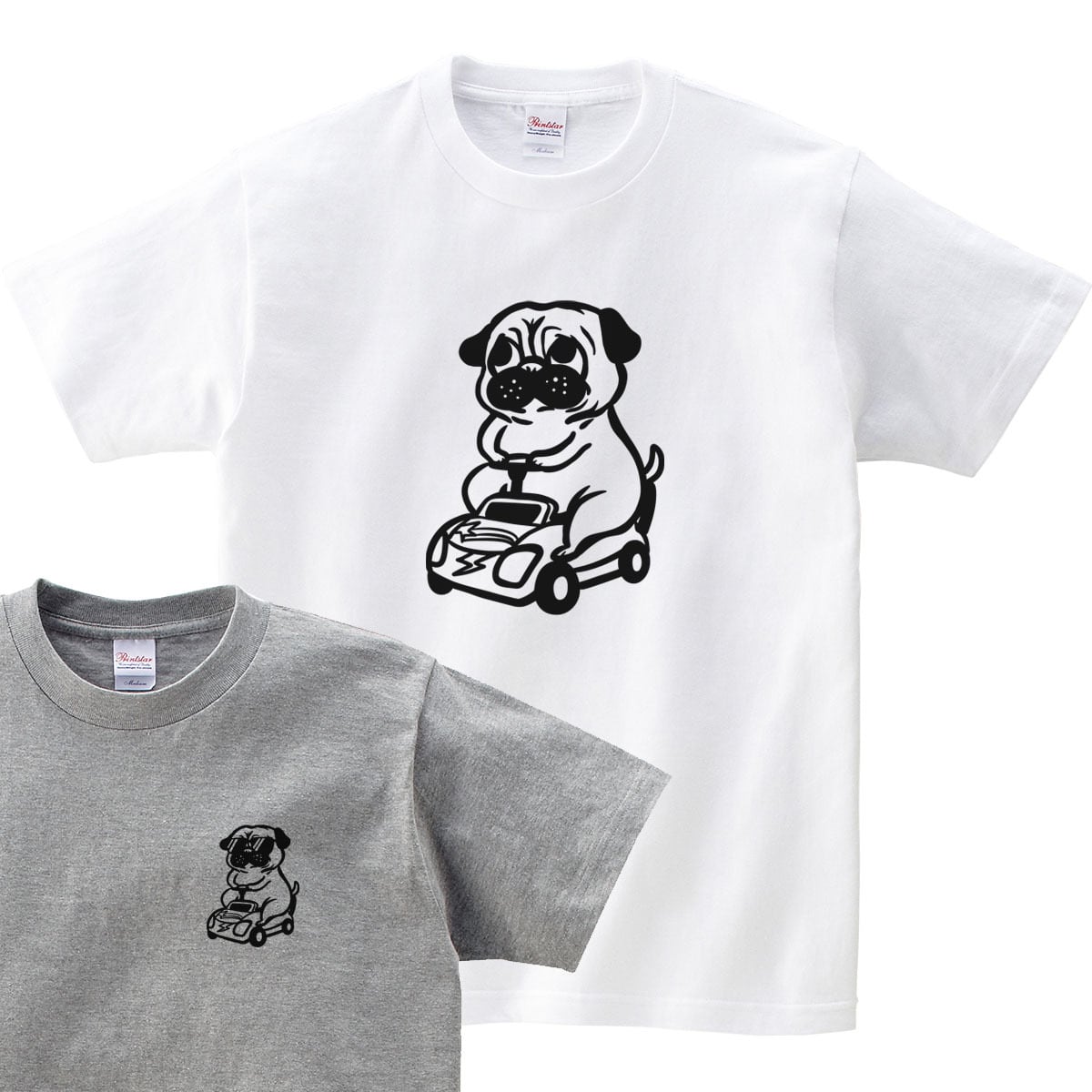 選べるデザイン ミニカーとワンコ Tシャツ dog89 犬 自動車 遊び パグ・フレンチブルドッグミニチュアダックス 好き 服 ゆるい イラスト
