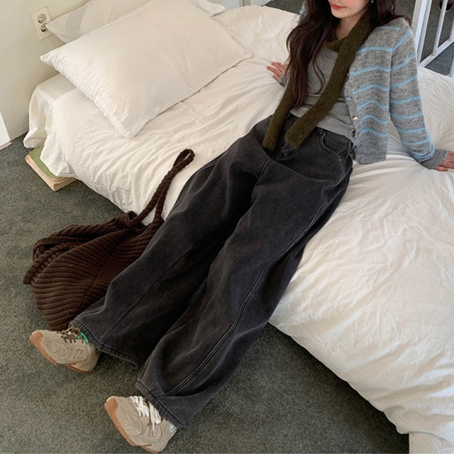 fleece-lined high-waist denim pants　J00373