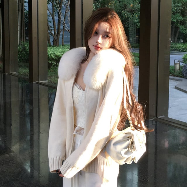 【outer】ファーフードニットカーデ M27176