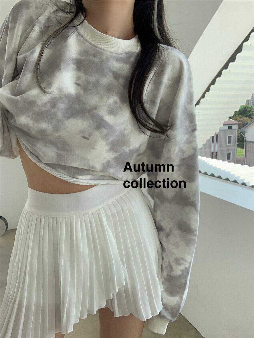 絞り染め長袖セーターレディース秋ラウンドネックプルオーバージャケット2020新バージョンルーズショートトップイントレンド ブラックストロベリース10026872074