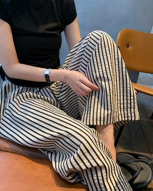 ストライプ柄ウエストゴムワイドロングパンツ A1079