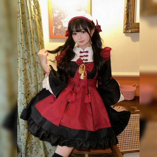 チャイナ風フリルレッドメイド服セット